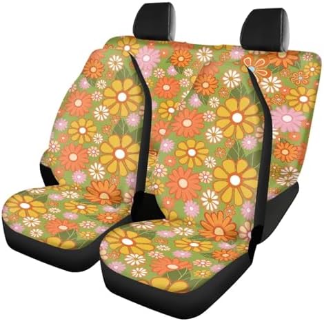 60s Groovy Hippie Flower Print Car Seat Covers 4Pcs Front & Rear Breathable Seat Covers Universal Fits for Truck, Sedan, SUV Auto Interior Protector Car Accessories