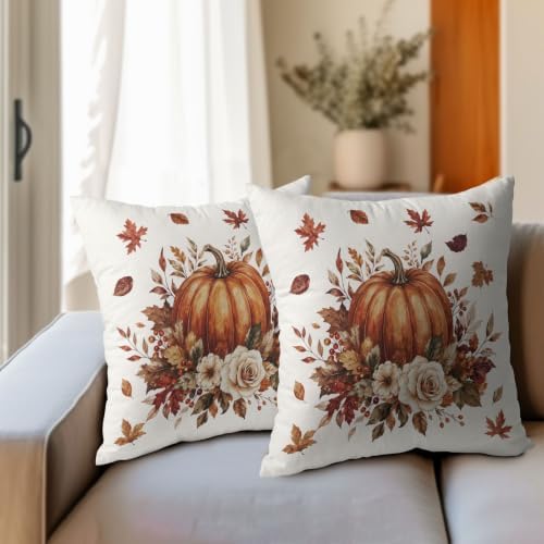 Fall Pumpkin Pillow Covers 18x18 Set of 2 Burnt Orange Maple Leaves Floral Outdoor Throw Pillows Covers Thanksgiving Rustic Decorative Farmhouse Cushion Case for Living Room Couch Sofa - Image 3