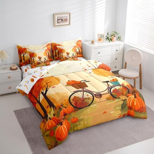 Bicycle Full Comforter Set 7 Pieces,Bed in a Bag Full,Thanksgiving Pumpkin Bedding Set with Maple Leaves Country Farmhouse Autumn Decor Comforter,Flat Sheet,Fitted Sheet,Pillowcases,Pillow Shams - Image 2