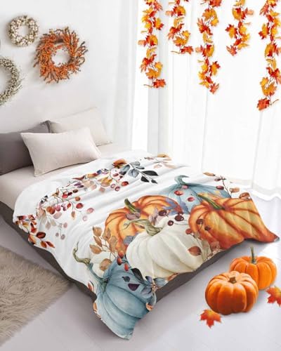DecorLovee Fall Orange Blue Pumpkins Blanket 60"x80", Reversible Thanksgiving Throw Blanket for Couch/Bed, Vintage Botanical Lightweight Soft Throw Blankets for Men, Warm Fuzzy Blankets for Winter - Image 4