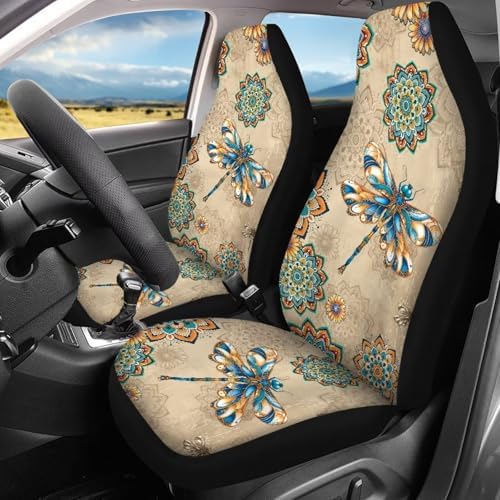 Dragonfly Boho Style Mandala Print Car Seat Covers 4Pcs Front & Rear Breathable Seat Covers Universal Fits for Truck, Sedan, SUV Auto Interior Protector Car Accessories