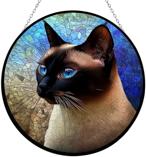 Easter Siamese Cat Stained Glass Window Hangings, Handcrafted Stained Glass Suncatchers, Gift for Cat Lovers Nature Lovers 12”x12” by HYPESTYLE