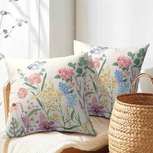 Spring Pillow Covers 24x24 Set of 2 Floral Throw Pillow Covers Rustic Flower Pillowcase Linen Decoration Farmhouse Soft Decorative Pink Blue Cushion Case Couch for Indoor Outdoor Home Decor - Image 7