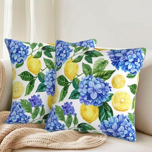 KiuLoam Summer Lemon Hydrangea Pillow Covers 22x22 Set of 2 Blue Yellow Floral Decorative Throw Pillow Covers Outdoor Farmhouse Cushion Cases for Sofa Couch Bed Living Room Decor - Image 2