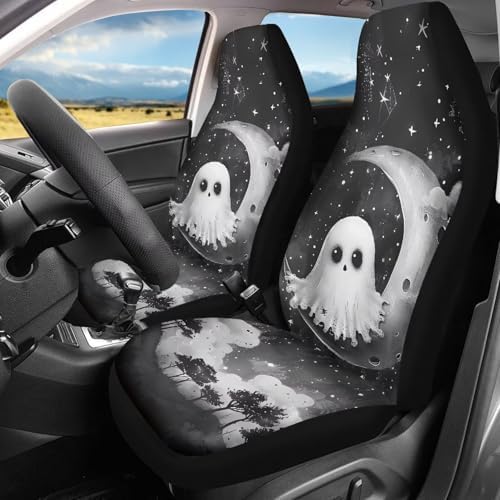 2 Pcs Halloween Ghost Car Seat Covers Set Vehicle Front Seat Protector Auto Interior Accessories Protetors Car Mat Covers Universal fit Most Car SUV Van Truck