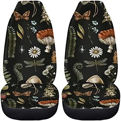 Mushroom Car Seat Covers,2 Pcs,Daisy Dragonfly Butterflies Mushroom Auto Seat Cover Pad for Front,Universal Elastic Vehicle Seats Cushion Automotive Interior Protection Accessories for Women
