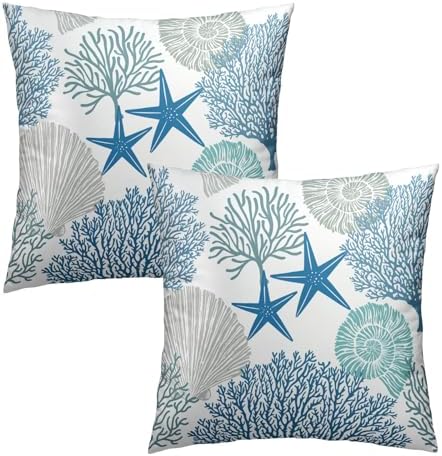 Summer Ocean Themed Nautical Coastal Throw Pillow Covers 20X20 Inches Set of 2 Blue Seashell Starfish Coral Pillowcase Soft Cotton Square Cushion Covers for Home Sofa Patio Bedroom Decoration - Image 2