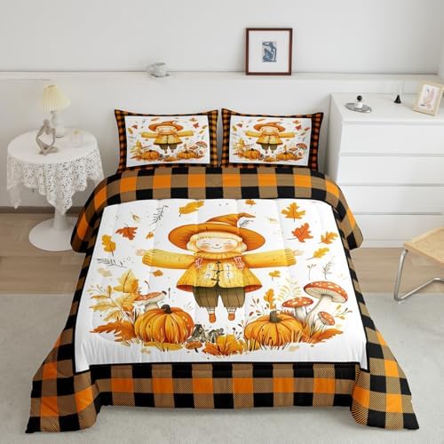 Erosebridal Fall Scarecrow Comforter Set for Kids Boys Girls Autumn Harvest Bedding Thanksgiving Pumpkins Duvet Set Black and Orange Grid Comforter Queen with 2 Pillowcases - Image 2