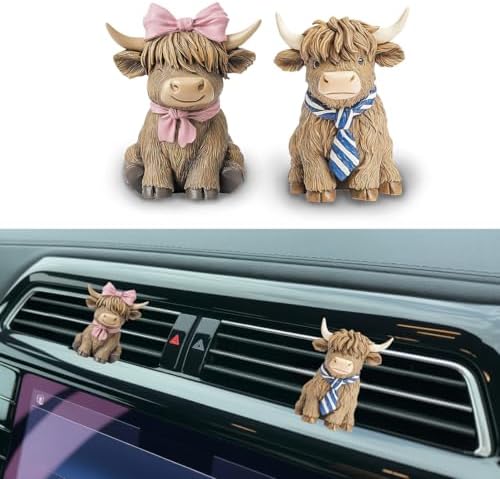 GENANY 3D Resin 2 Pcs Highland Cow Car Air Freshener Clip, Hand Painted Cow