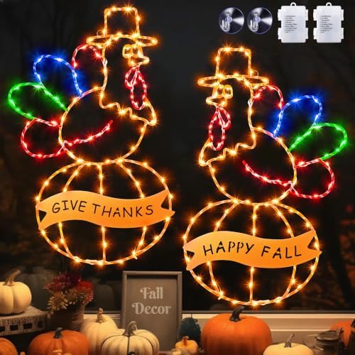 2 Pcs Large Thanksgiving Window Lights Turkey Decorations, Fall Decor Window Lights, LED Turkey Pumpkin Light 2026 Thanksgiving Decor with Timer & 8 Mode & Battery Operated(Yellow Red Green,17") by ElectricWise