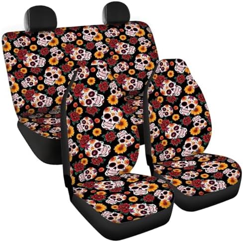 Gothic Skull Roses Car Seat Covers 4Pcs Front & Rear Breathable Seat Covers Universal Fits for Truck, Sedan, SUV Auto Interior Protector Car Accessories Halloween Decor