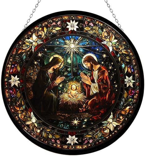 Serene Nativity Mary, Joseph Suncatcher Stained Glass Window Hangings Sun Catchers Colorful Ornament Gifts for Women Mom Wife Halloween Christmas Housewarming by 365CUSGIFTS