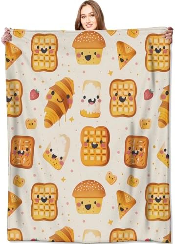 Cute Bread Blanket Autumn Breakfast Pastries Throw Blankets,Thanksgiving Gifts for Kids Women,Lightweight Soft Fleece,with Waffle Croissant and Muffin,Sofa Couch Bed Room Decor 50x60in by VODRM