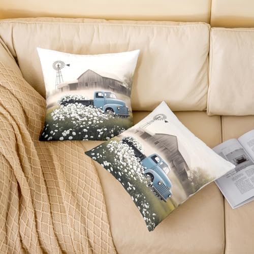 Manfei Rustic Cabin Double Sides Print Pillow Covers 2 Pack,Vintage Treal Truck Farmhouse Throw Pillow Case Covers,Natural White Daisy Flowers Vintage Cushion Covers,18"x18" - Image 2