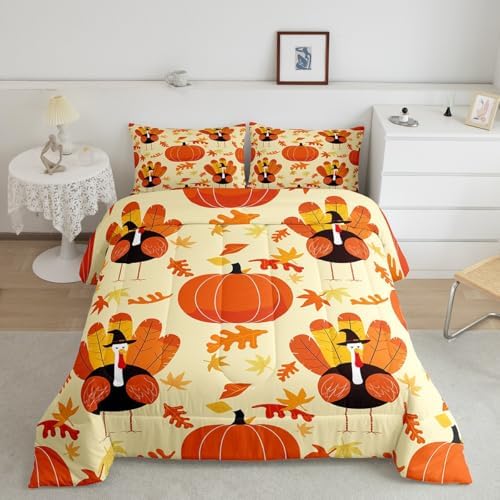 Pumpkin Comforter Set Full Size Fall Maple Leaves Bedding Set For Kids Boys Adults Chicken Cartoon Chic Funny Animal Down Comforter Thanksgiving Day Duvet Set Chick Botanical Bedroom Decor 3Pcs - Image 2