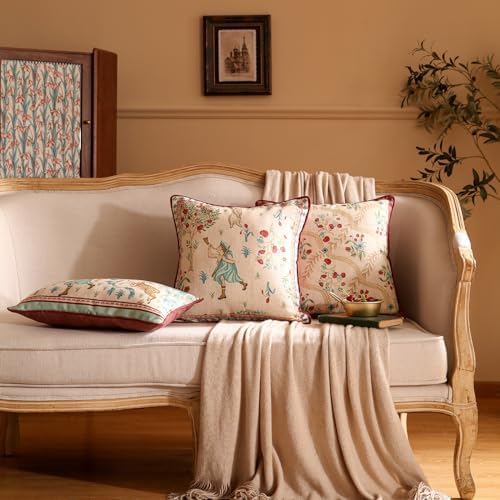 patdrea Designer Pack of 2 Square Throw Pillow Covers,Farmhouse Vintage Linen with Beige Ancient Idyll Pattern Pillows Cover,Decorative Pillowcases Cushion for Bed Living Room Outdoor Car,18"x18" - Image 3