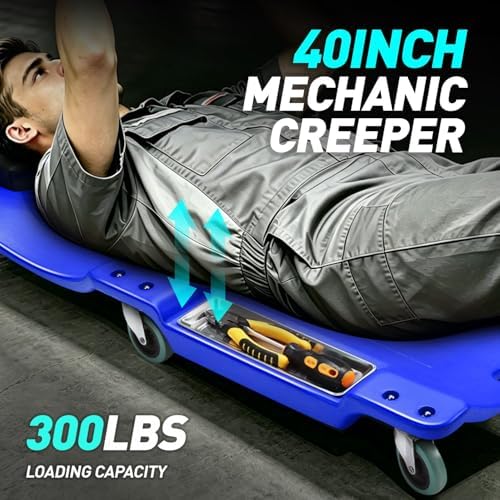 DNA Motoring 40 Inch Low Profile Plastic Rolling Garage Shop Floor Creeper with LED Light, Padded Headrest, Dual Tool Trays, Casters, Blue, TOOLS-00389-BL - Image 3