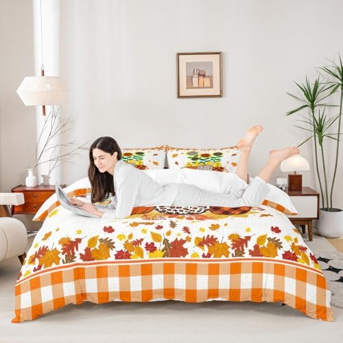 Happy Fall Kids Duvet Cover Set Twin Size,Pumpkin Sunflowers Maple Leaf Bedding Set,Girls Boys Adults Room/Cabin Decor,Geometric Grids Patch Comforter Cover,Rustic Bright Quilt Cover,1 Pillowcase - Image 2