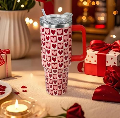 Valentines Tumbler 40oz Love Heart Tumbler Coffee Mugs Buffalo Check Heart Leak Proof Cups with Handle and Straw Stainless Steel Insulated Water Bottle for Valentine Decor Gifts for Women Her(1PCS) - Image 2