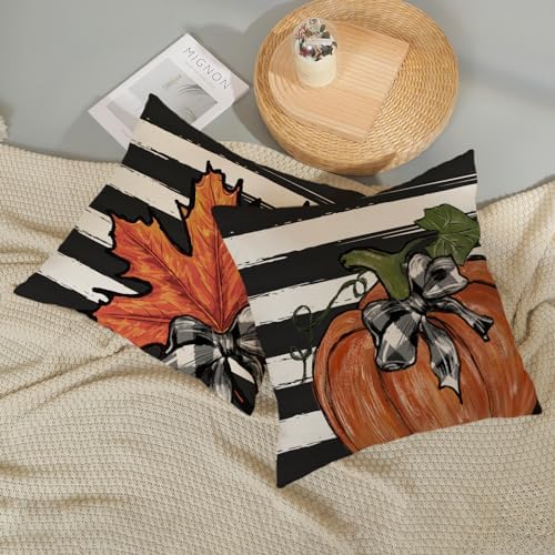 Fall Pillow Covers 20x20 Set of 2 Orange Pumpkin Maple Leaves Stripes Fall Decor Pillowcase Autumn Harvest Decorative Outdoor Throw Pillow Covers Linen Thanksgiving Cushion Case for Sofa Home - Image 5