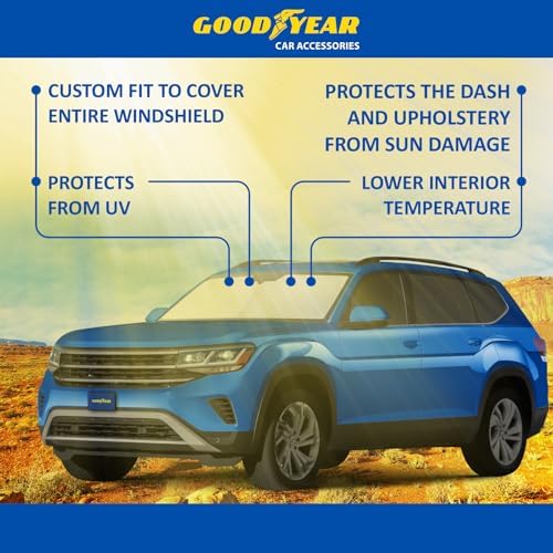 Goodyear Foldable Windshield Sunshade for Volkswagen (VW) Atlas 2018-2026, Car Accessories, Sunshade Cover, Sun Shade Car Windshield, Window Sun Blocker - GY008240