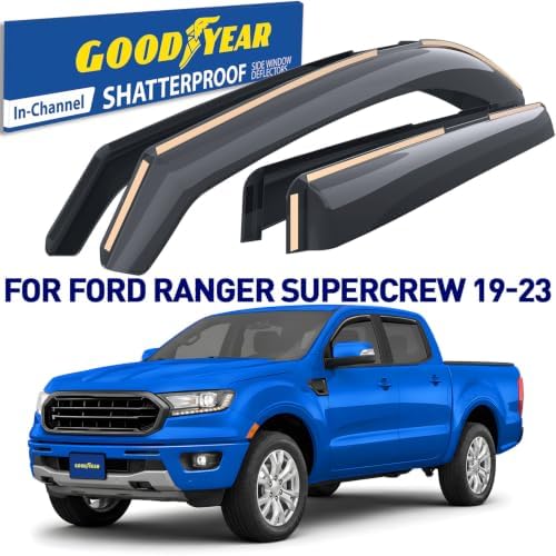 Goodyear Shatterproof in-Channel Window Deflectors for Ford Ranger 2019-2023 SuperCrew, Rain Guards, Window Visors for Cars, Vent Deflector, Car Accessories, 4 pcs - GY003449LP