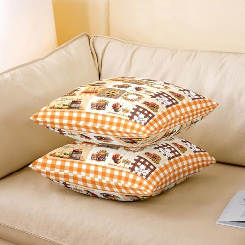Manfei Fall Thanksgiving Day Double Sides Print Pillow Covers,Autumn Harvest Pumpkin Sunflower Turkey Throw Pillow Case Covers,Retro Orange Yellow Plaids Patchwork Cushion Covers,2 Pack 24"x 24" - Image 3