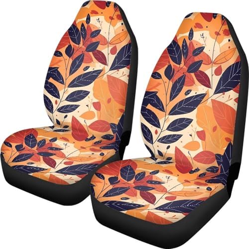 Leaf Set Car Seat Covers for Low Back Car Seats 2pcs, Modern Botanical Durable Car Seat Cover, Red Yellow Line Drawing Art Universal Auto Seats Protector Fits for Car