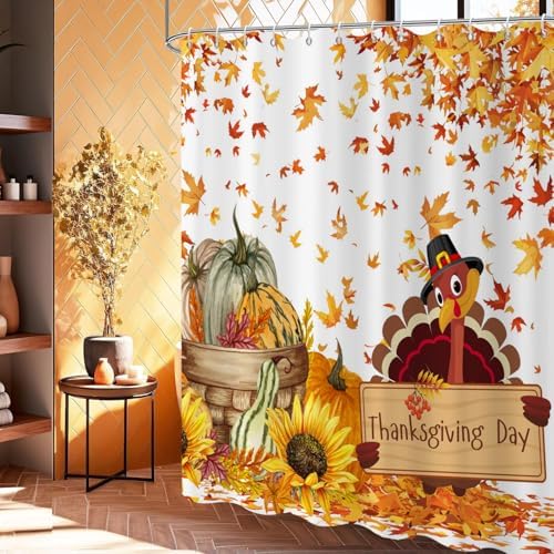Thanksgiving Day Turkey Shower Curtain, Fall Autumn Harvest Pumpkins Sunflower Falling Maple Leaves Bathroom Curtain Waterproof Fabric Machine Washable with Hooks, 72" Wx84 L - Image 3