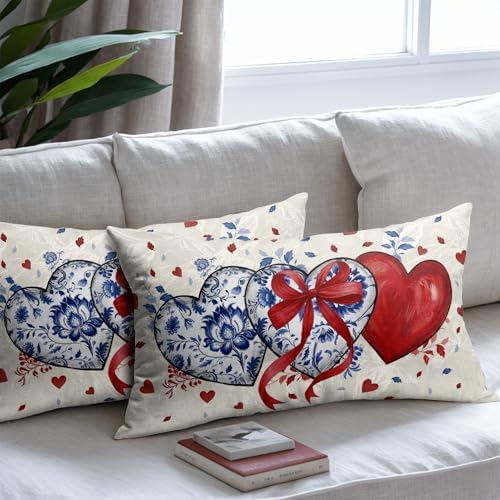 Valentines Day Pillow Covers 12x20 Set of 2 Red Blue Heart Throw Pillow Covers Love Pillowcase Linen Decoration Farmhouse Holiday Cozy Soft Cushion Case Couch for Indoor Outdoor Home Decor - Image 7