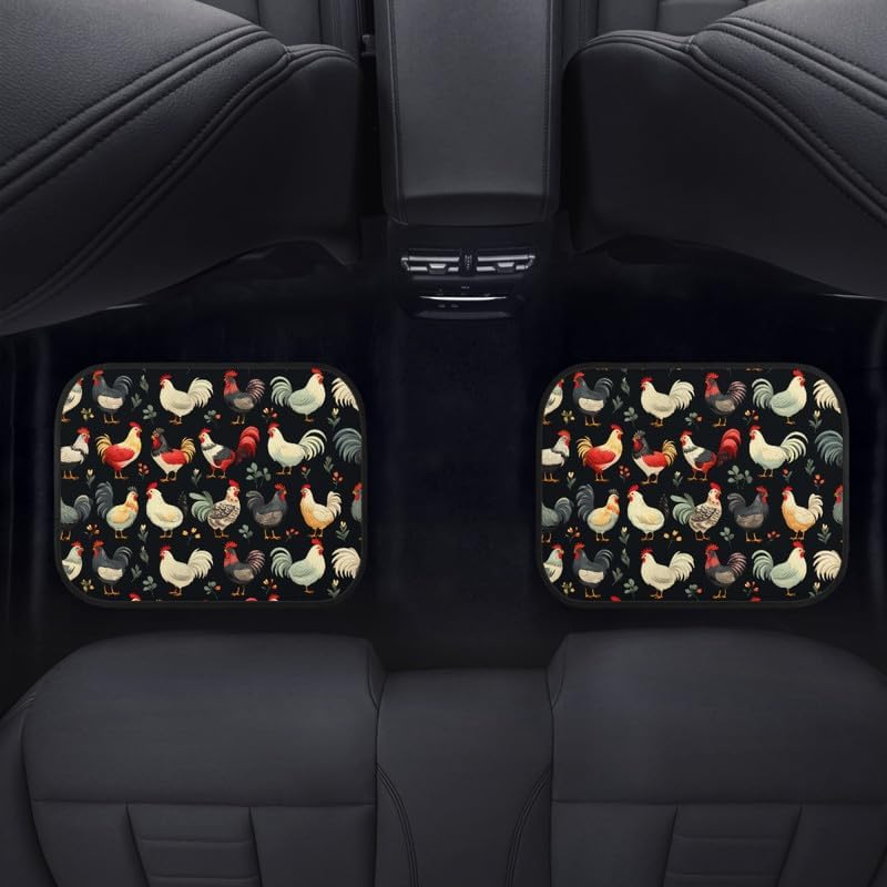 Retro Chicken Floral Print Non-Slip Car Mats Set Watercolor Animal Hen Carpet Vehicle Floor Mats Car Decor Accessories Front & 2nd Row Floor Mats for Driver Seat, Black