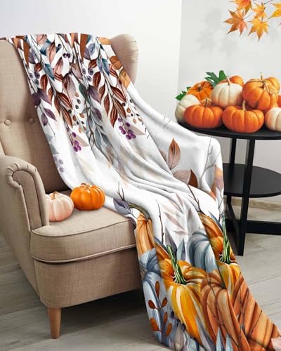 DecorLovee Orange Blue Fall Blanket 30"x40", Reversible Thanksgiving Throw Blanket for Couch/Bed/Camping, Maple Leaf Pumpkins Lightweight Soft Throw Blankets for Kids, Warm Fuzzy Blankets for Winter - Image 3