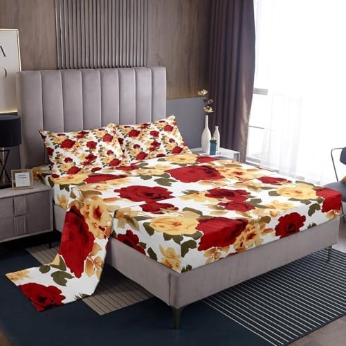 Feelyou Rose Floral Sheet Set Full Size Vintage Flower Sheets with Deep Pocket Fitted Sheet Deep Red by Feelyou