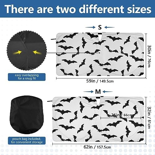 Bat Halloween White Windshield Sun Shade, Car Sunshade for Auto Truck SUV, Sun Shield that Keeps Your Vehicle Cool, Foldable, Storage Bag (62 x 32 in)