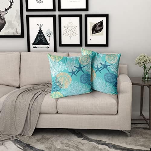 Sweetshow Ocean Coral Pillow Covers 12x12 Inch Nautical Coastal Throw Pillows Set of 2 Beach Seashell Starfish Pillow Case Soft Cotton Square Cushion Covers for Home Couch Sofa Patio Bedroom, Green - Image 5