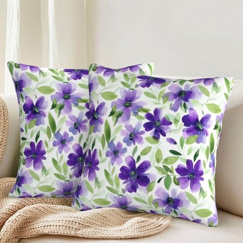 KiuLoam Spring Floral Pillow Covers 16x16 Inch Set of 2, Green Purple Watercolor Flower Decorative Throw Pillows, Farmhouse Outdoor Square Cushion Cases for Sofa Couch Bed Home Decor - Image 2