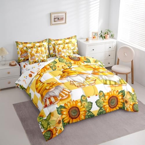 Scandinavian Gnome Comforter Set King Size with Sheets -7 Pieces Bed in a Bag Farmhouse Sunflower Bedding Sets,Cartoon Cute Kawaii Santa Dwarf Bed Set with Comforter,Sheets,Pillowcases & Shams - Image 2