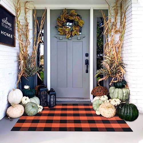 Orange and Black Plaid Rug, 3' x 5' Fall Outdoor Front Door Decor Mat, Cotton Washable Hand-Woven Rug for Layered Doormat, Autumn Halloween Thanksgiving Carpet for Porch, Entryway - Image 3