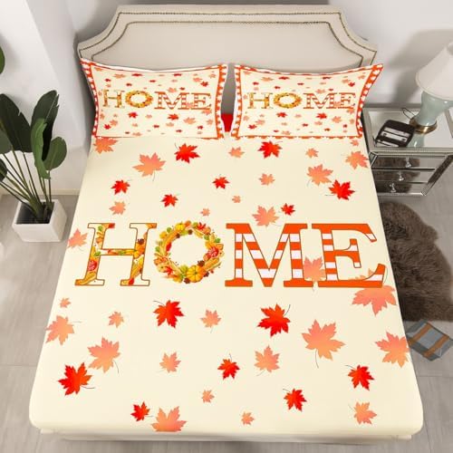 Maple Leaf Pumpkin Wreath Twin Thanksgiving Bedroom Decor Set - Sheets, Rustic Farmhouse Bedding, Fitted Sheet, Orange Flat Sheet, Pillow Case - Image 3