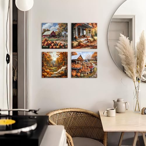 Rustic Fall Pumpkin Wall Art Farmhouse Barn Landscape Wall Decor for Living Room Vintage Autumn Picture Bedroom Nature Country Scenery Canvas Print Modern Artwork Kitchen Home Decoration 12x12" 4P - Image 3
