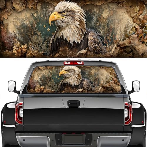 Vintage Eagle Truck Rear Window Graphic Decals, American Flag Bird Nature Pickup Car Window Stickers Truck Back Window Film Decal for Trucks SUV 66 x 22 inch