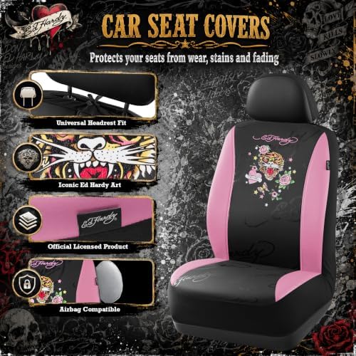 ED HARDY Tiger Print Car Seat Covers, Pink Premium Leather Front Seat Covers, Universal Fit Automotive Covers for Most Cars, Trucks & SUVs, Airbag Compatible, Waterproof, Scratch Resistant