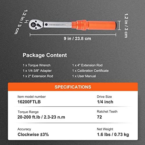 VEVOR 1/4-inch Drive Click Torque Wrench, 20-200in.lb/3-23n.m Mechanical Dual Range Scales, Dual-Direction Adjustable with Adapters Extension Rod - Image 7