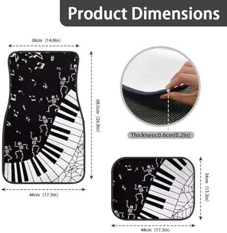 Black White Musical Skeleton Print Funny Halloween Car Floor Mats 4 PCS, Cute Durable Interior Accessories for Car SUV, All Weather Floor Mats with Front Rear Trunk Liners Set for Party