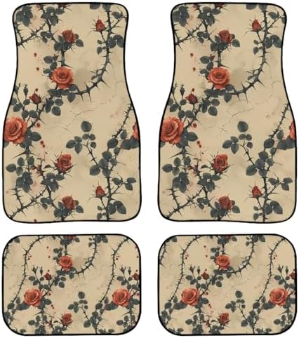 Rose 4 Pcs All Weather Car Floor Mats, Retro Garden Front & Rear Row Foot Mat Interior Accessories, Gothic Thron Floral Universal Fit for SUV Sedan Van