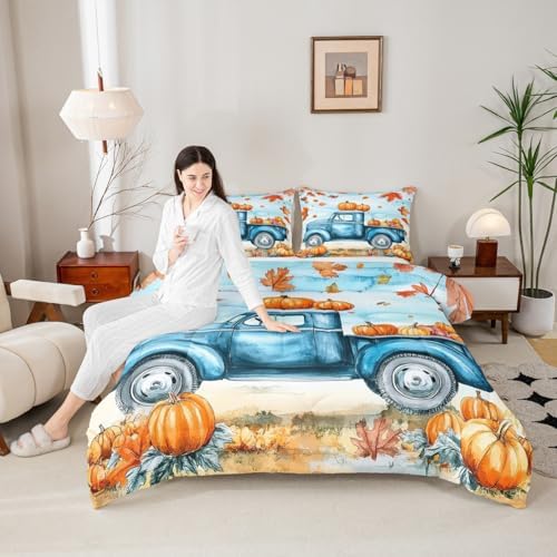 Erosebridal Pumpkin Comforter Set Cartoon Car Bedding Comforter Sets Blue Pumpkin Bedding for Toddler Youth, Boys Autumn Leaf Duvet Insert 3Pcs Fall Decor - Queen, 1 Comforter with 2 Pillowcases - Image 5
