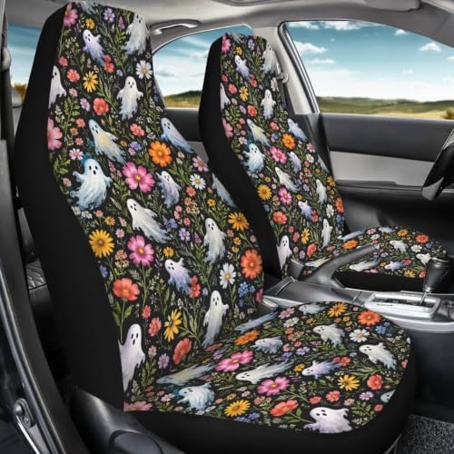 Talayituse Daisy Floral Ghost Print Car Seat Cover for Front Seats, Stretchy Soft Vehicles Seat Cover Universal Fit High Back Car Interior Accessories for SUV Van Sedan Halloween Decor