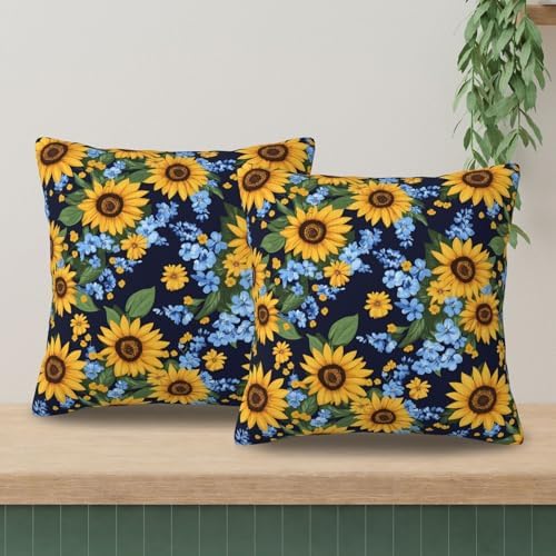 KiuLoam Navy and Yellow Floral Pillow Covers 18x18 Set of 2, Sunflower with Blue Small Flowers Print Decorative Throw Pillow Cases, Vintage Farmhouse Style Outdoor Cushion Covers for Sofa Couch - Image 3