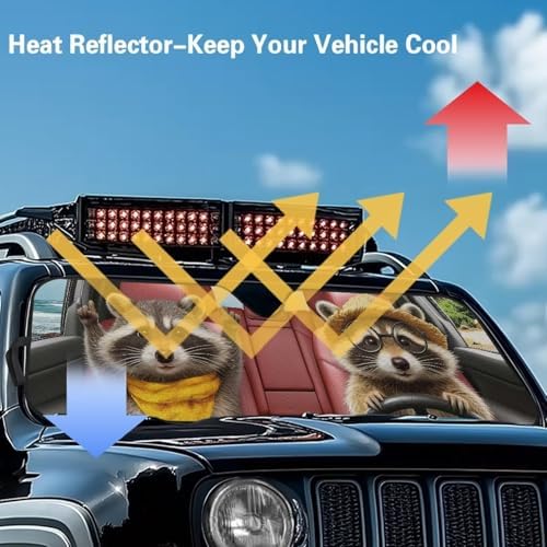 Renewold Car Windshield Sunshade for Jeep Gladiator JT Summer Front Window Sun Shade Sun Visor Shield for Jeep Wrangler JK JKU JL JLU 1997-2023 Foldable Cover Interior Keep Cool Cute Raccoon Driving