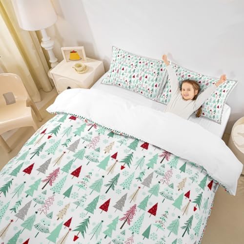 Merry Christmas Kids Duvet Cover Set Queen Size,Cartoon Pine Trees Rustic Farmhouse Bedding Set,Girls Boys Adults Room Decor,Snowflake Xmas Holiday Comforter Cover,Colorful Quilt Cover,2 Pillowcases - Image 3